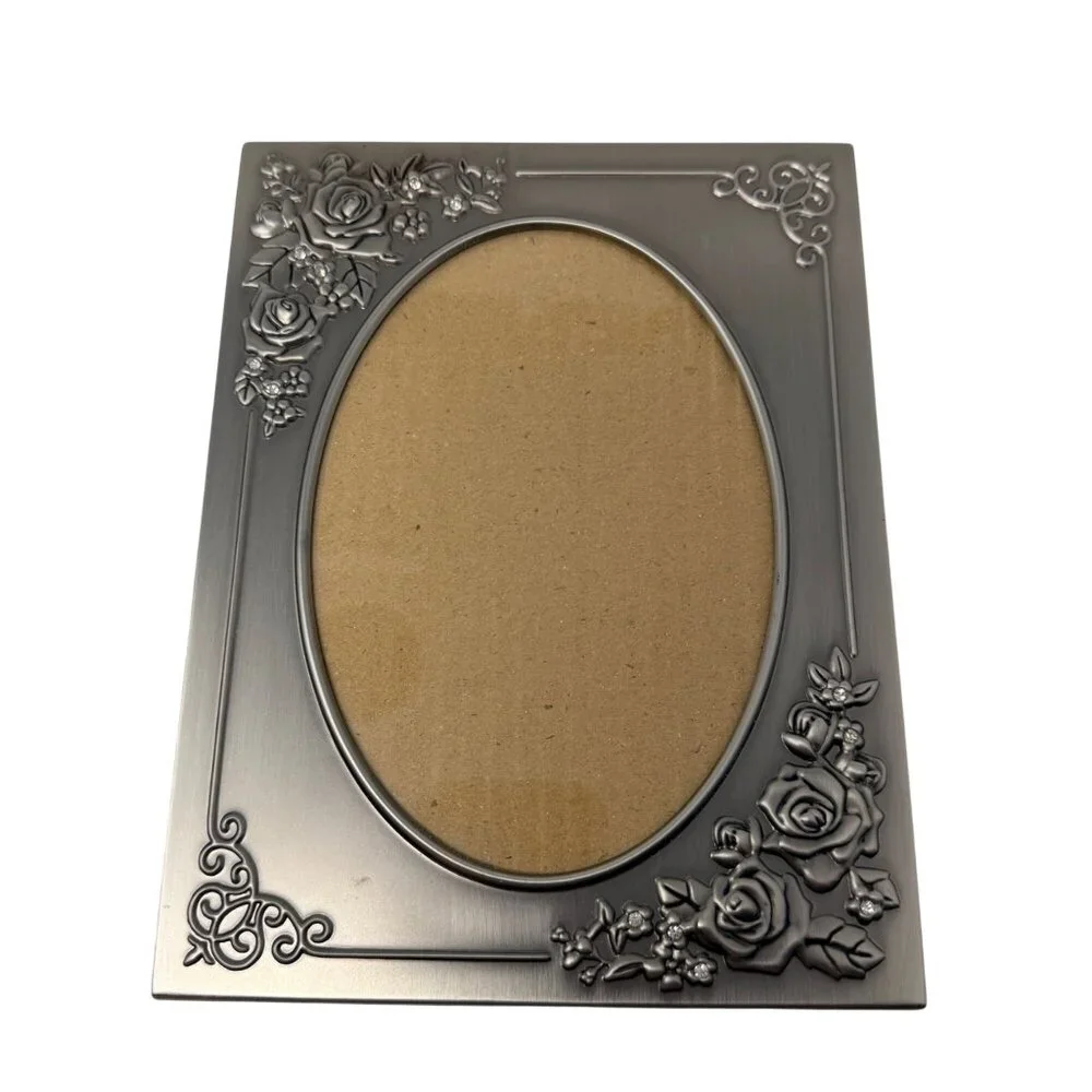 Vintage Pewter‎ Oval Photo Frame Floral Roses Cottage Style Tabletop Decor